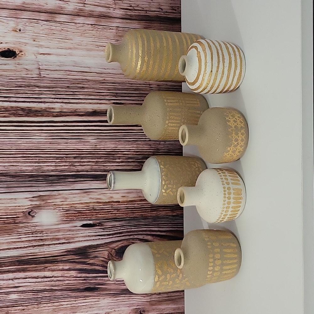 NWOT Main + Mesa Stoneware Vases With Gold Pattern Set Of 8 - Picture 5 of 11